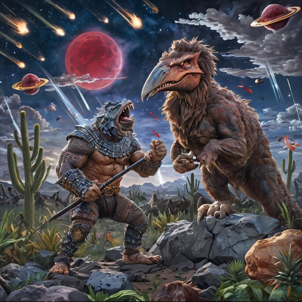 Barbarian Battles Dinosaur in Psychedelic Alien Landscape