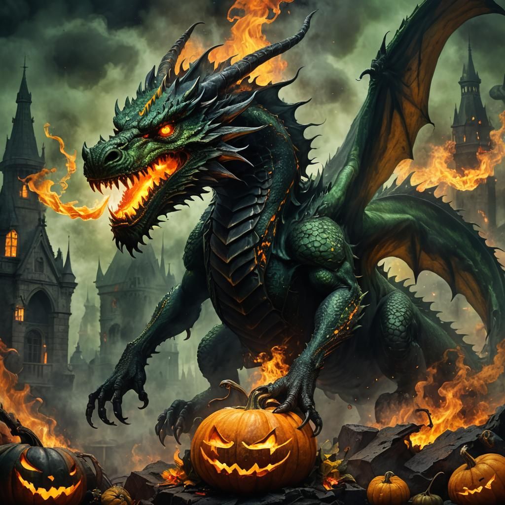 Dark Fantasy Dragon with Flaming Pumpkin Head