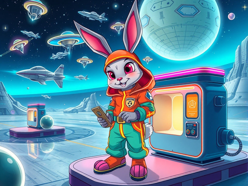 Cartoon Alien Rabbit at Futuristic Spaceport Gas Station
