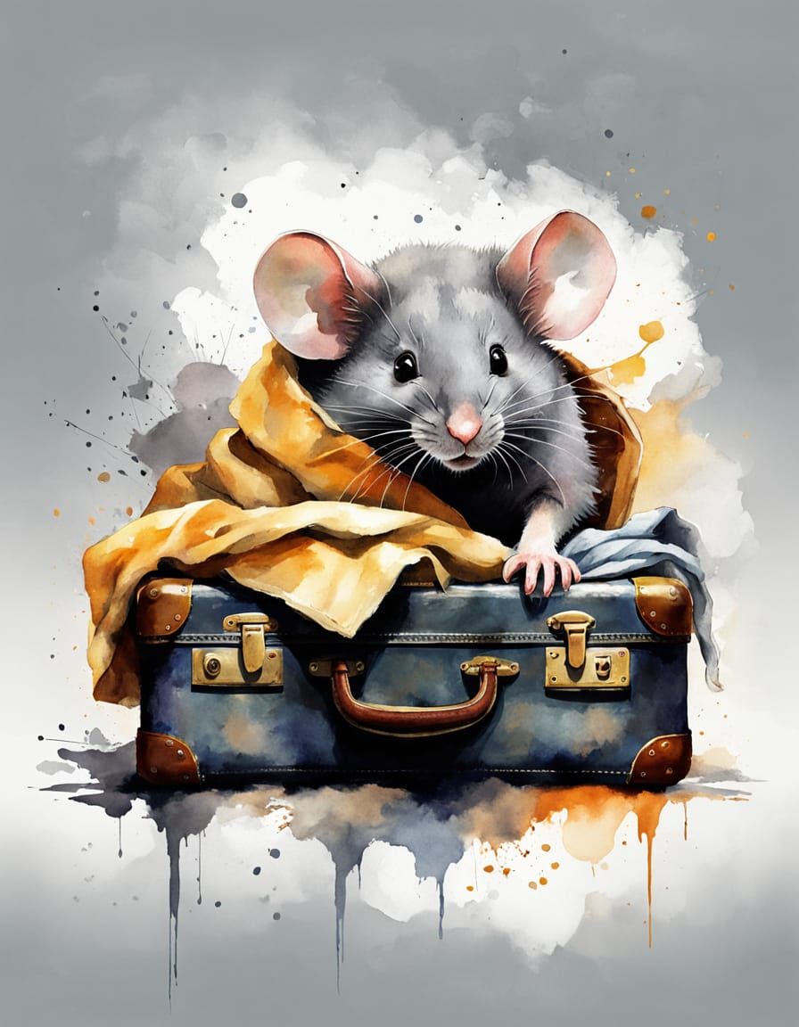 Old Suitcase with Sleeping Mouse in Neon Light