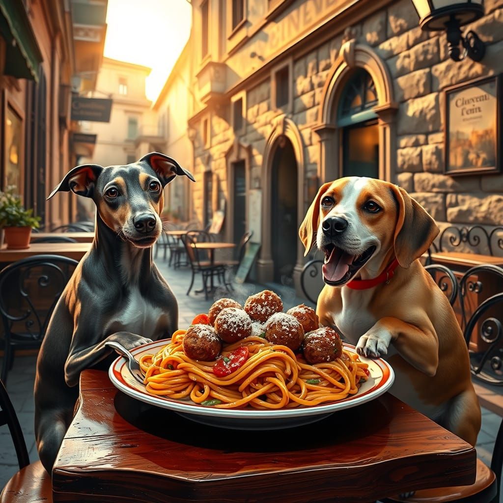 Italian Greyhound and Beagle Enjoying Spaghetti in a Roman C...
