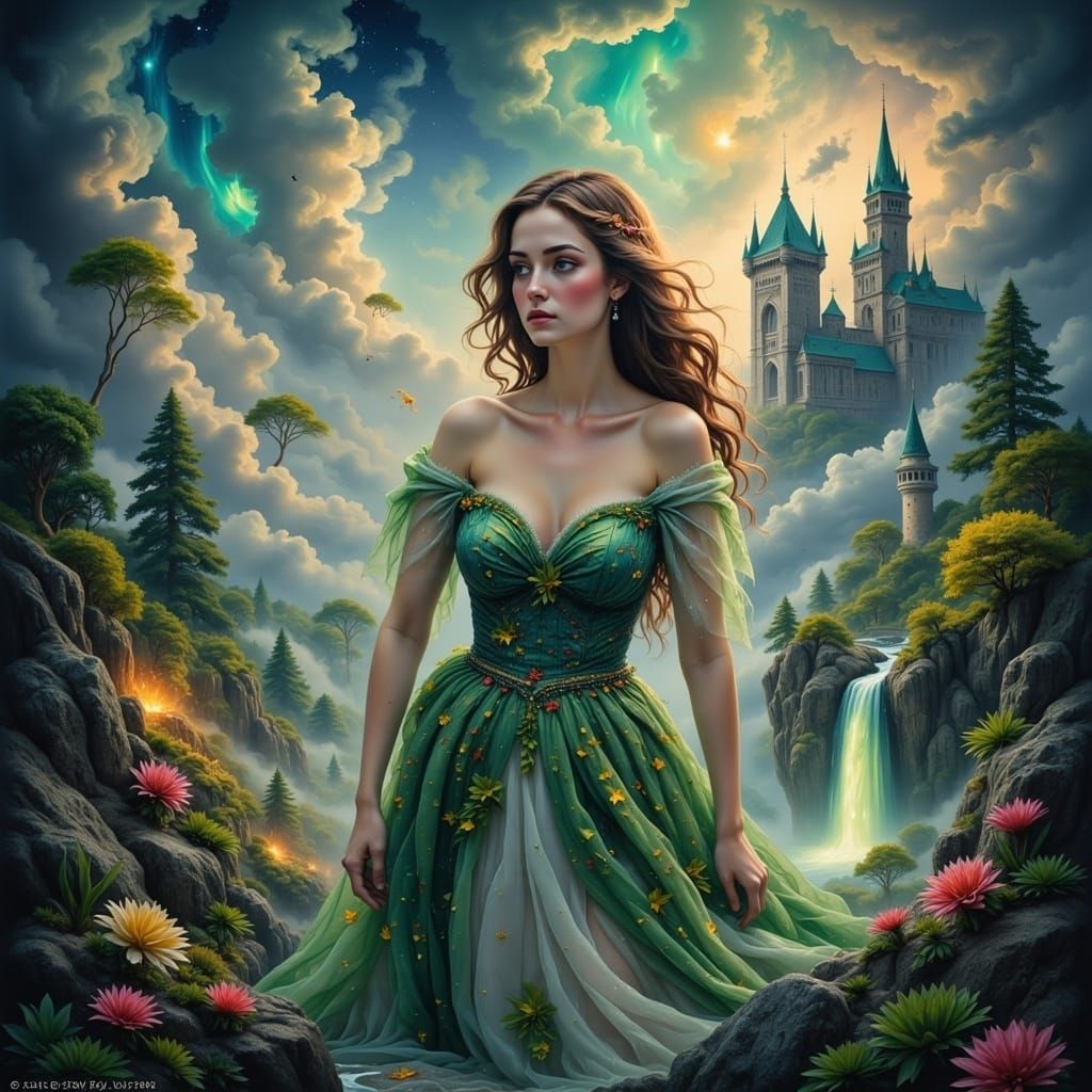 Surreal Fantasy Castle Amidst Whimsical Forest Landscape