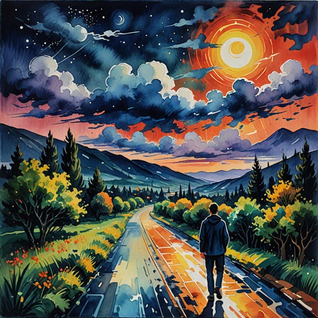 Dual Light and Shadow Landscape in Gouache Style