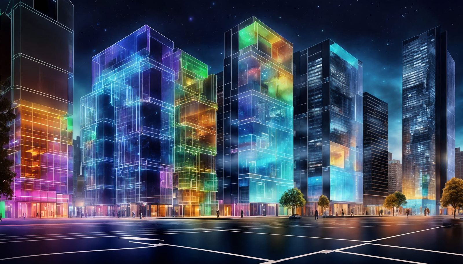 Night Cityscape with Holographic Blueprints