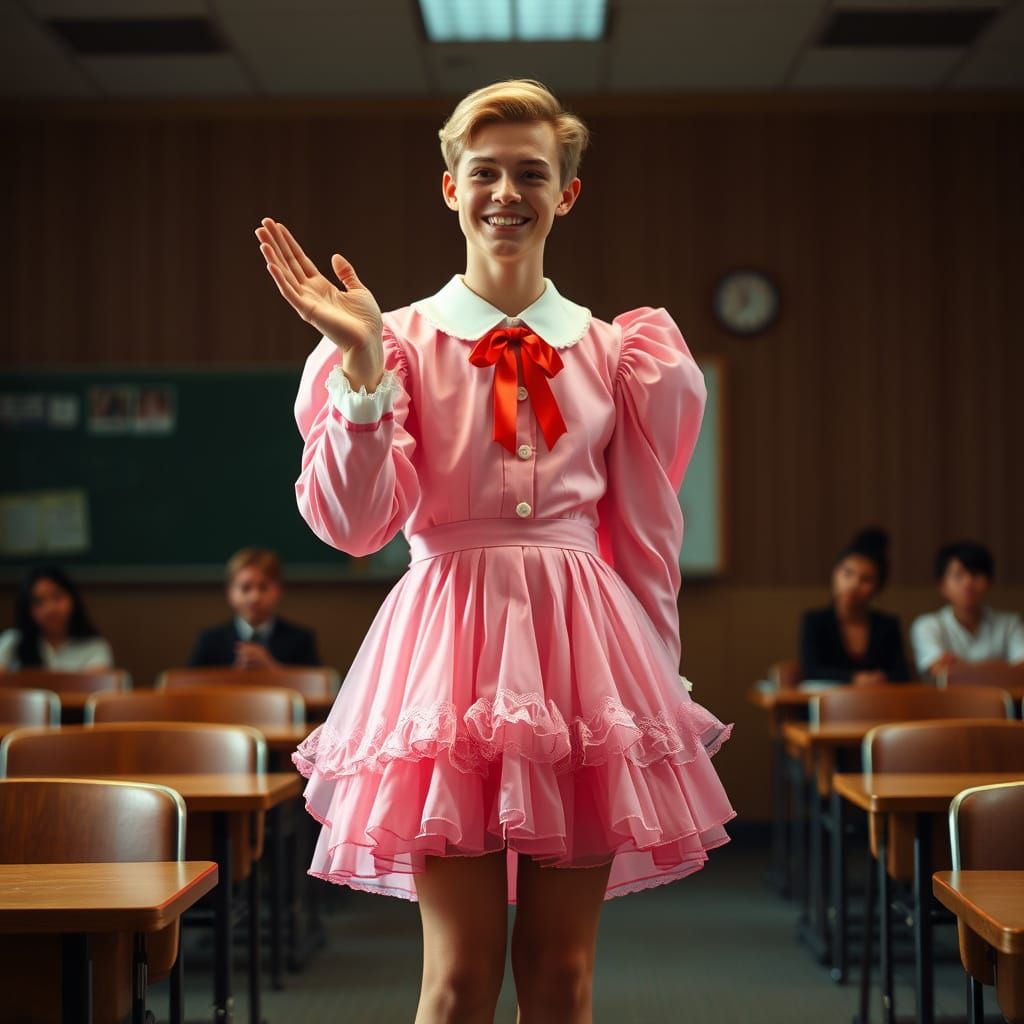 Charming Young Man in Elegant Pink Dress with Puffy Sleeves