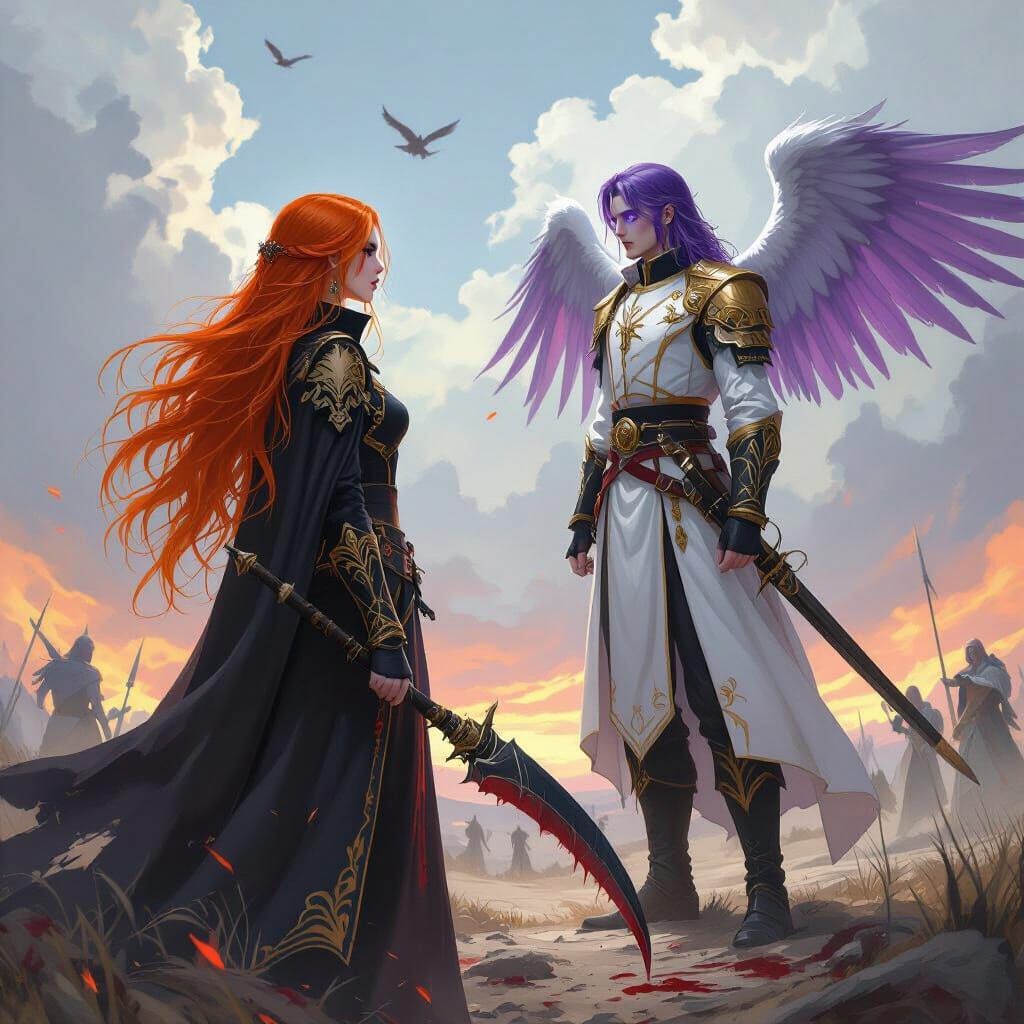 Epic Fantasy Battle: Angel vs Reaper with Orange-Black Hair
