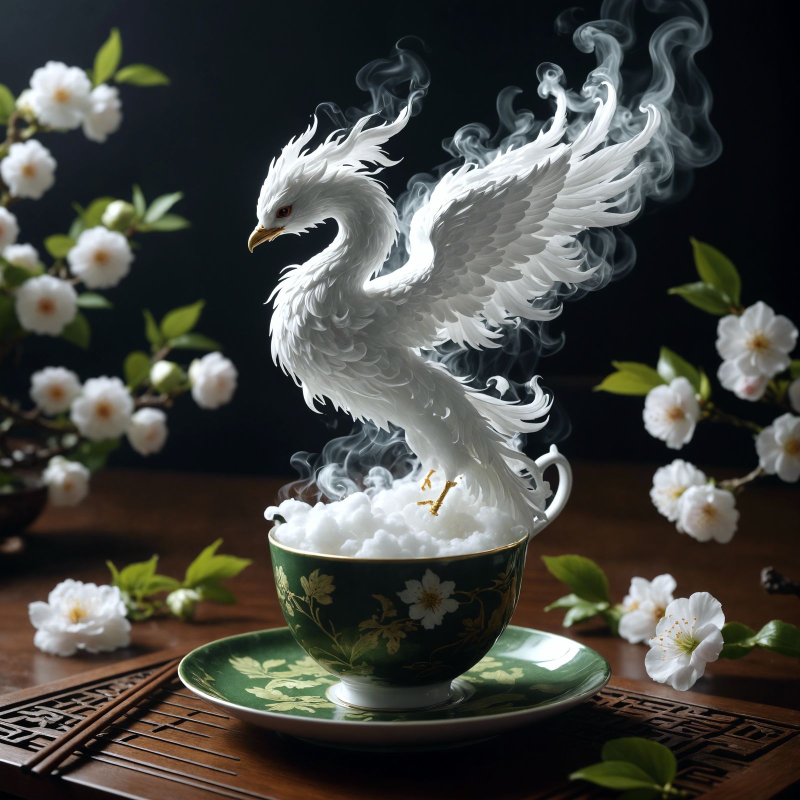 Steam Phoenix Rising from Green Tea