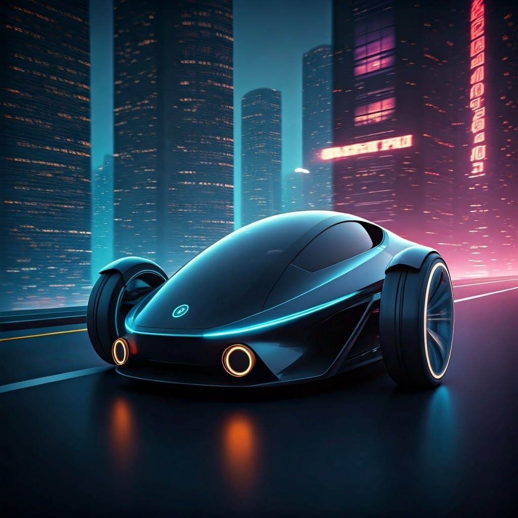Sleek Three-Wheeled Car in Neon Cityscape