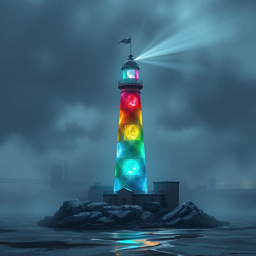 Colourful Lighthouse in a Moody Cityscape