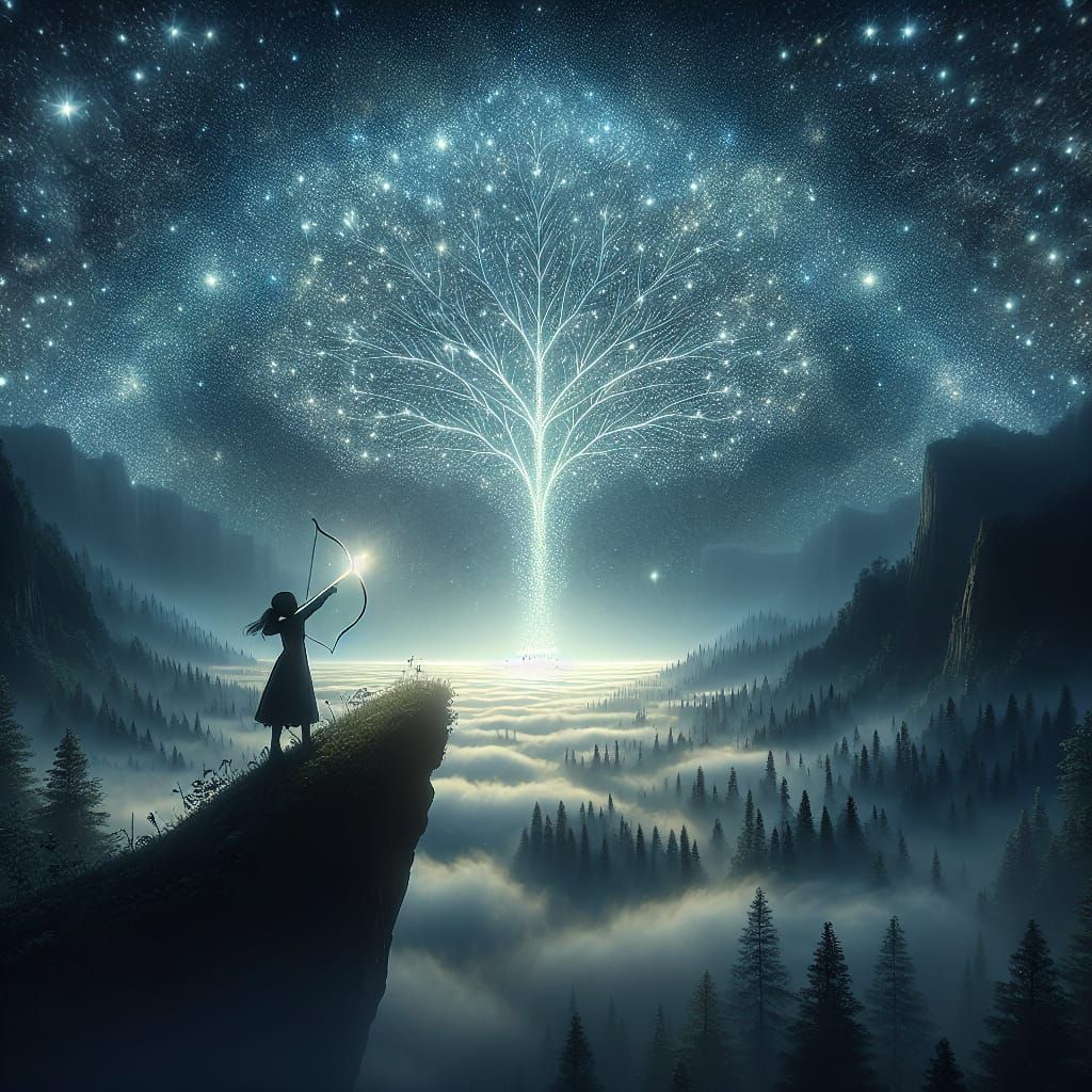 Ethereal Archer: Hyperrealistic Silhouette in Starry Night