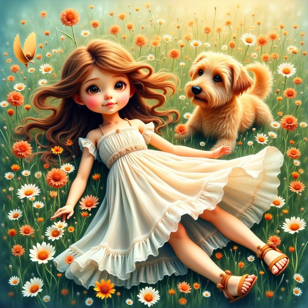 Girl and Dog in Wildflower Meadow, Watercolor Style