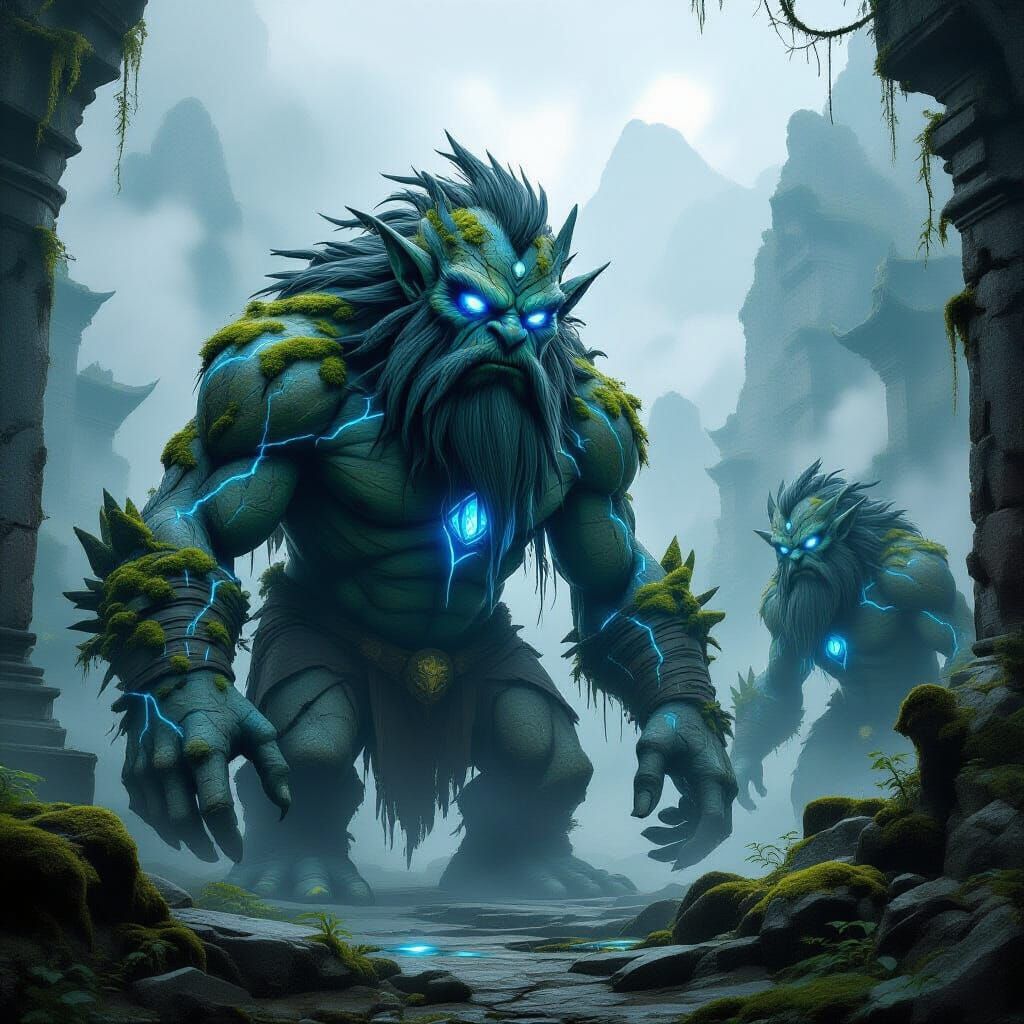 Ancient Stone Trolls in Foggy Mountain Temple