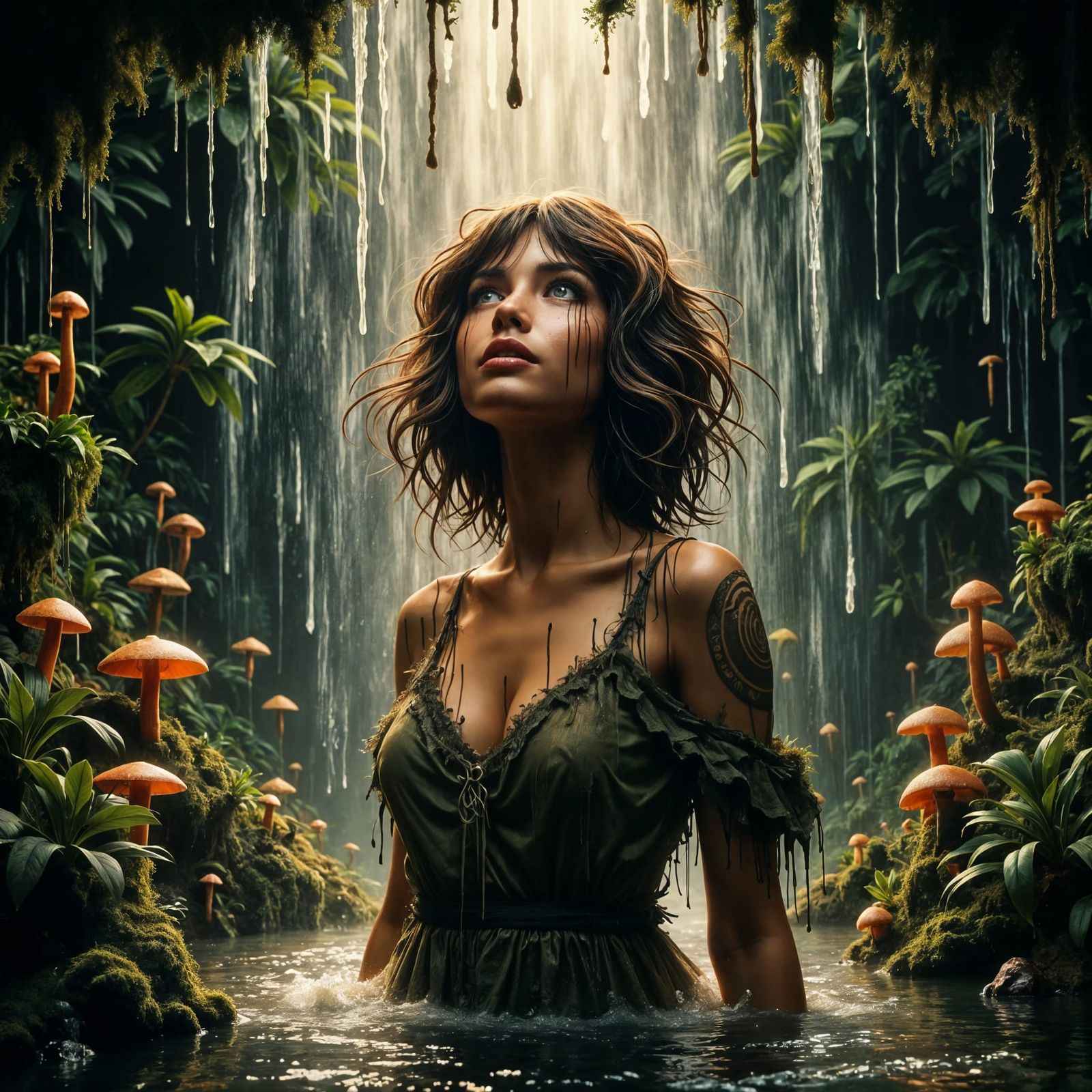 Close-up of a beautiful woman standing under a cascading wat...