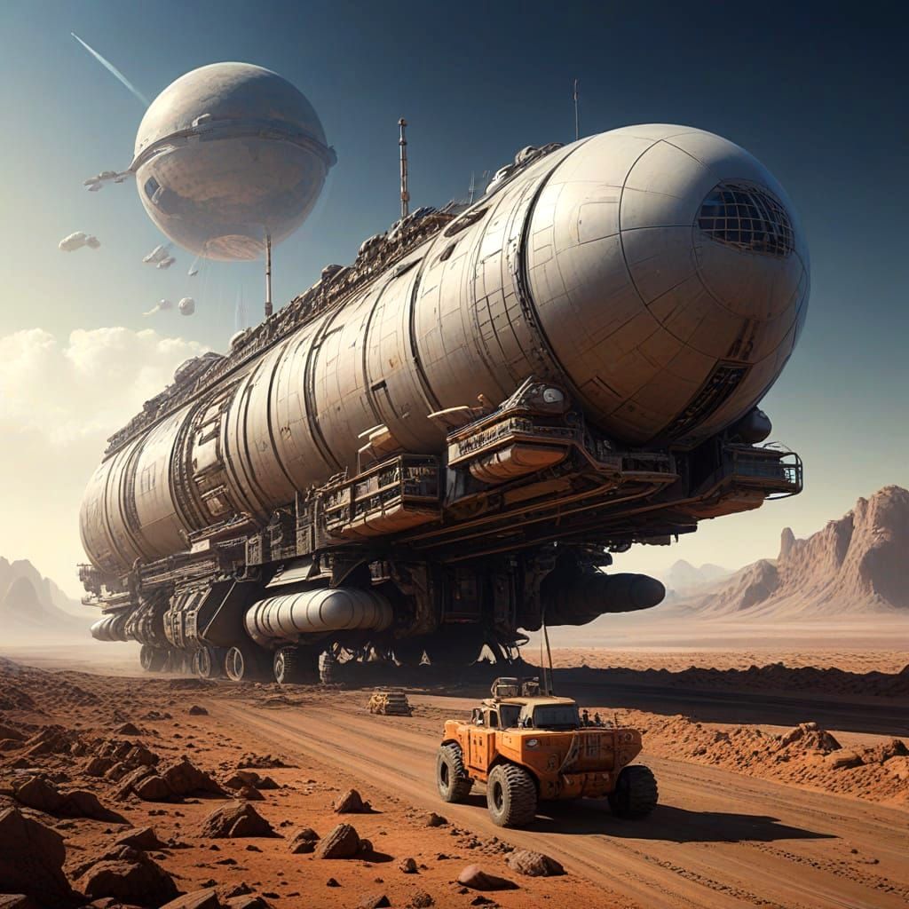 Massive Cargo Spacecraft with Tugs Above Alien Planet