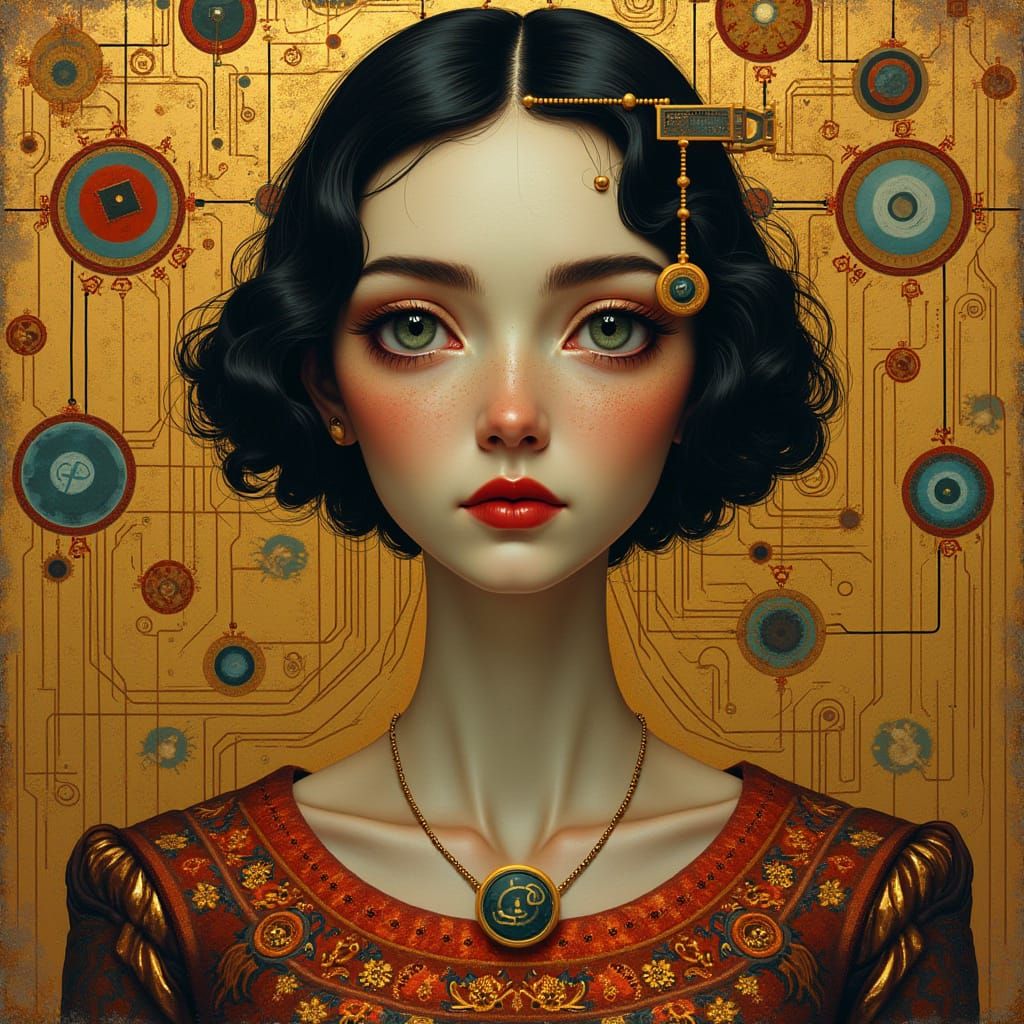 Futuristic Figure in Art Nouveau Style with Electrical Symbo...