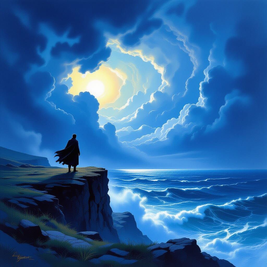 Man on Cliff Overlooking Stormy Sea in 80s Fantasy Art