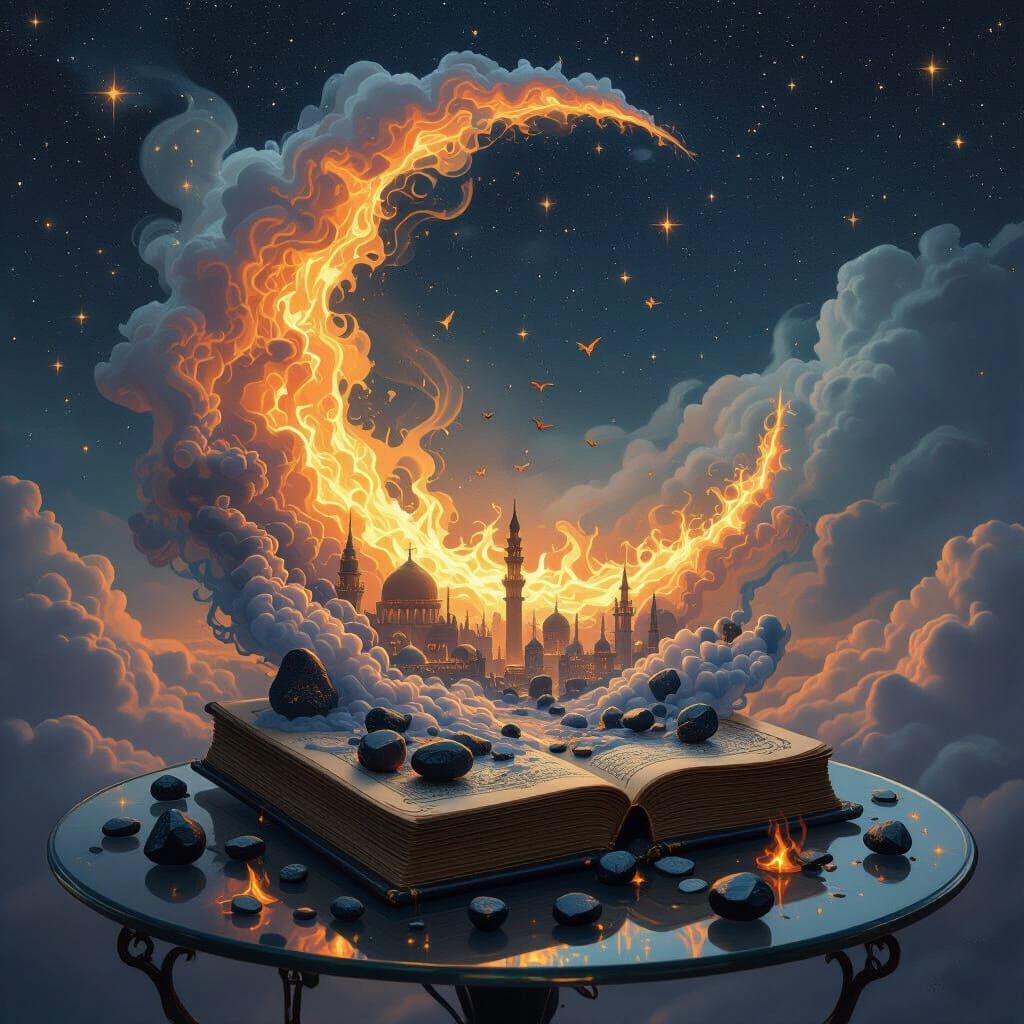 Miniature Grimoire World with Smoke and Fire, Dreamy Art