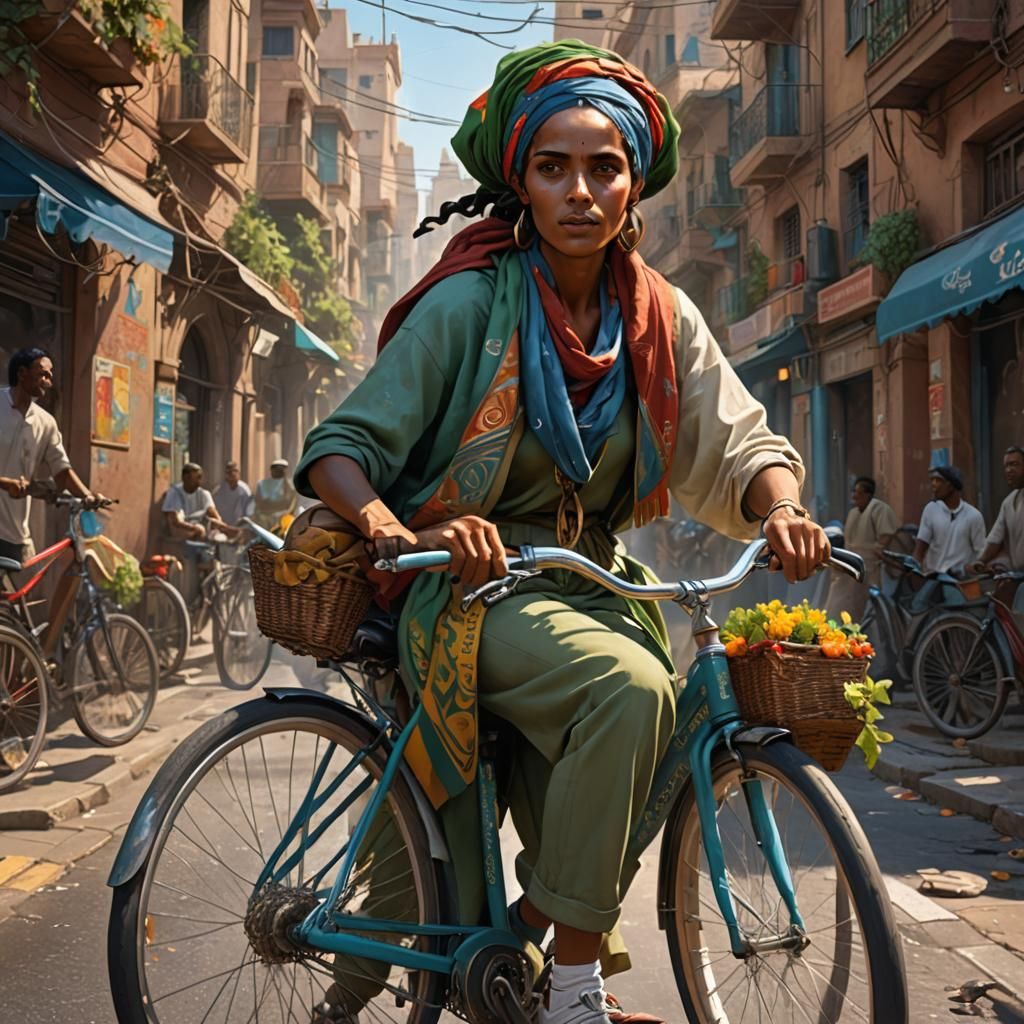 Eritrean Woman on Bicycle: Hyperdetailed Concept Art