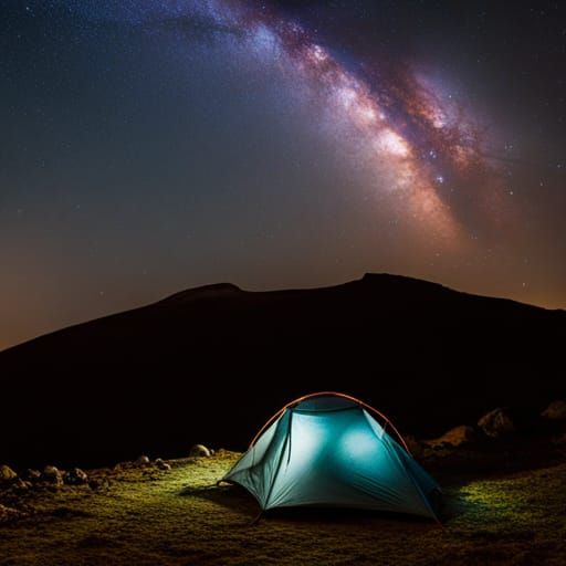 Nighttime Mountain Landscape with Illuminated Tent and Milky...