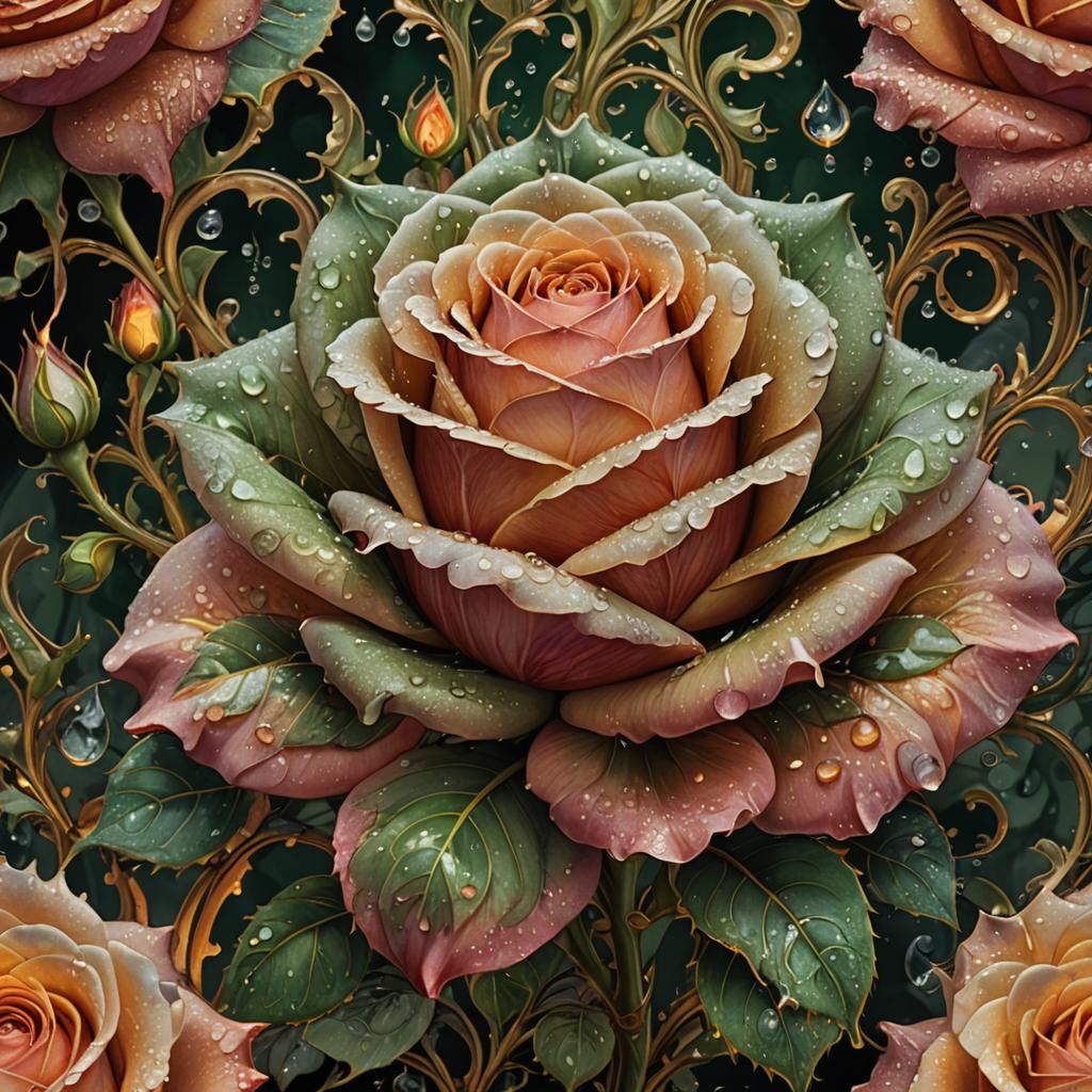 Flaming Rose with Water Droplets in Mucha Style