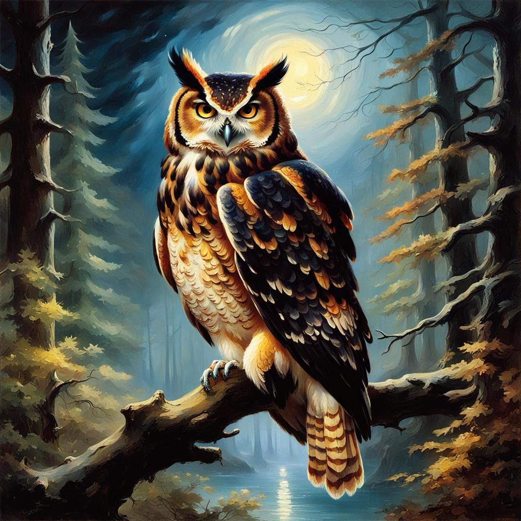 Owl Portrait in Forest at Night in Luminist Style