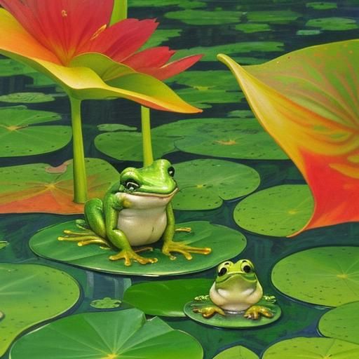kappa smoking pipe along side of frog on lily pad lilies blooming fall red maple trees primordial swamp