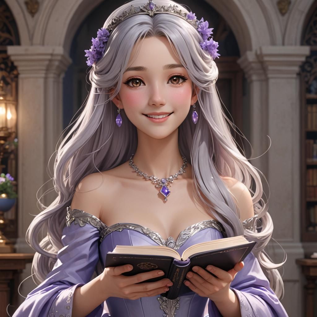 Anime Princess in Lavender Gown Holding Book