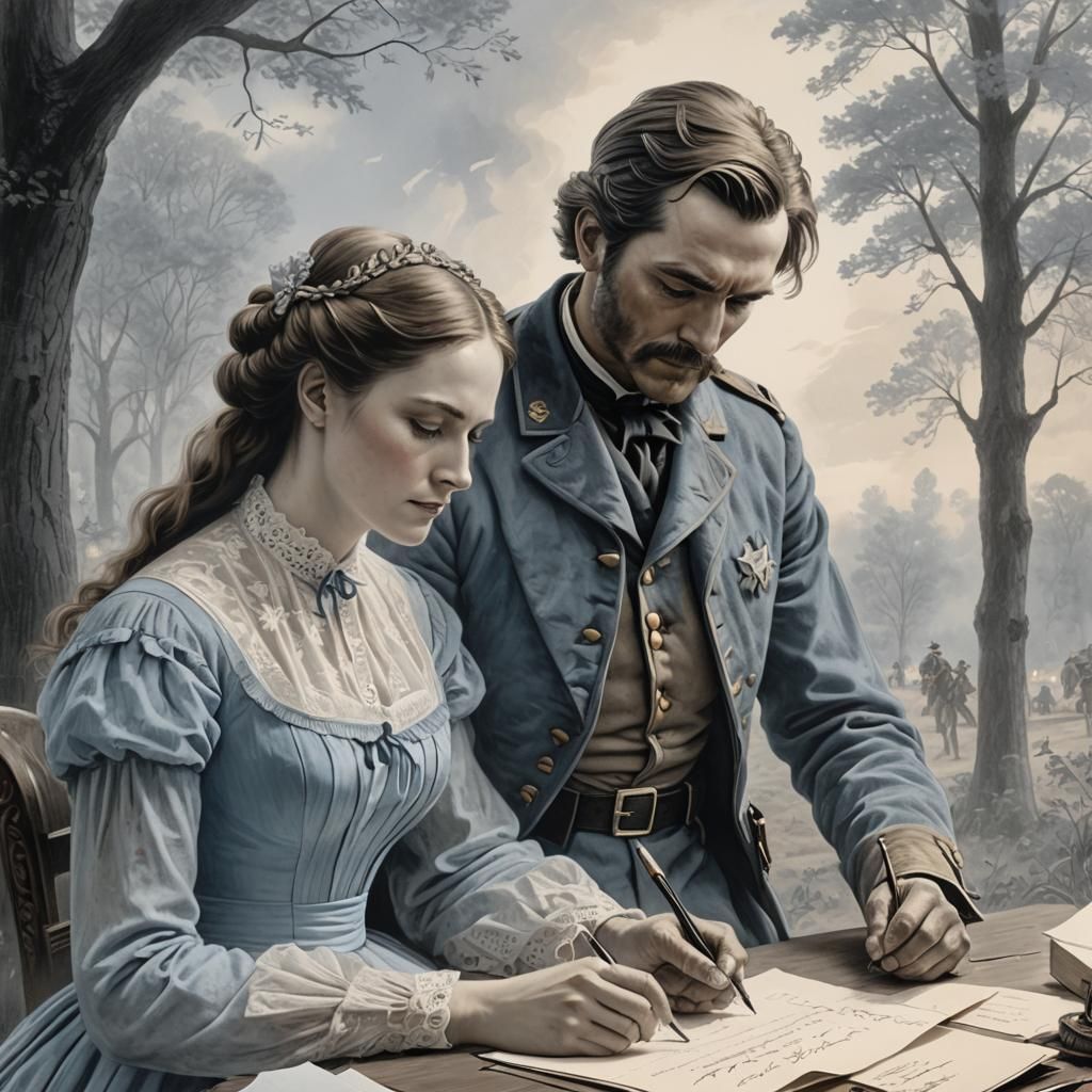 Civil War Union soldier writing a letter with his wife.