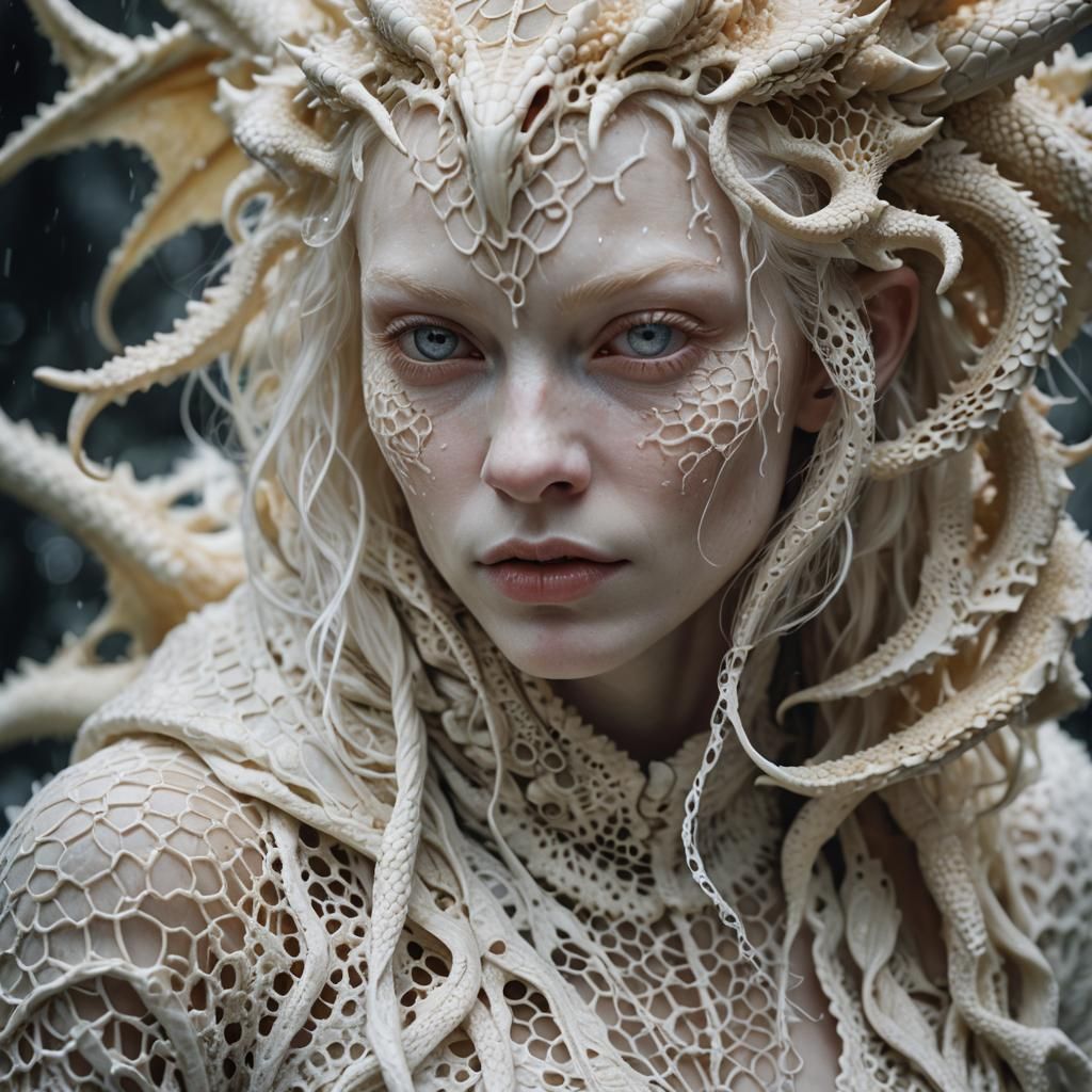 Albino Dragon Girl Portrait in Psychedelic Style