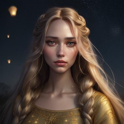 Rapunzel in Tower with Golden Braids