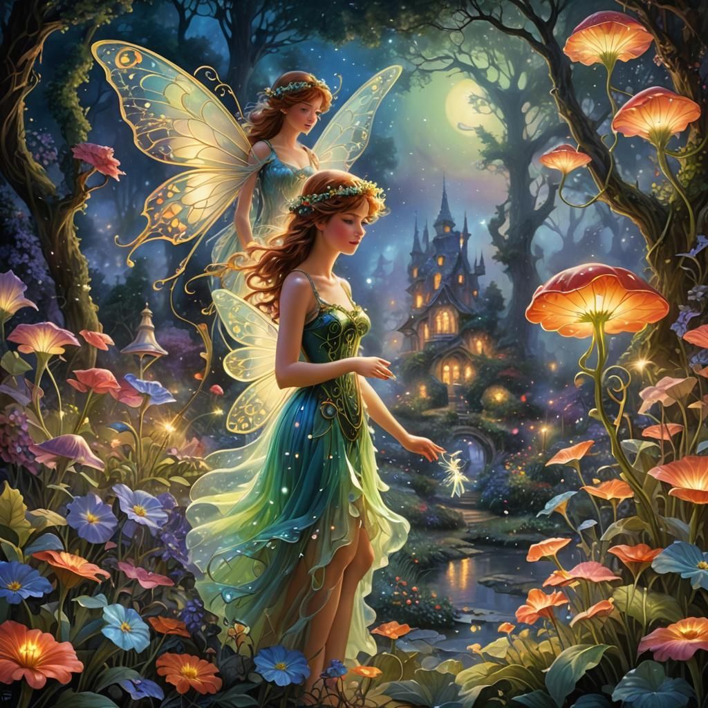 Electroluminescent Fairies in Psychedelic Art Nouveau Garden
