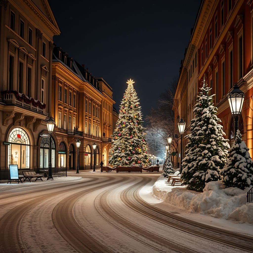 European Christmas Street at Night in Realistic Photography