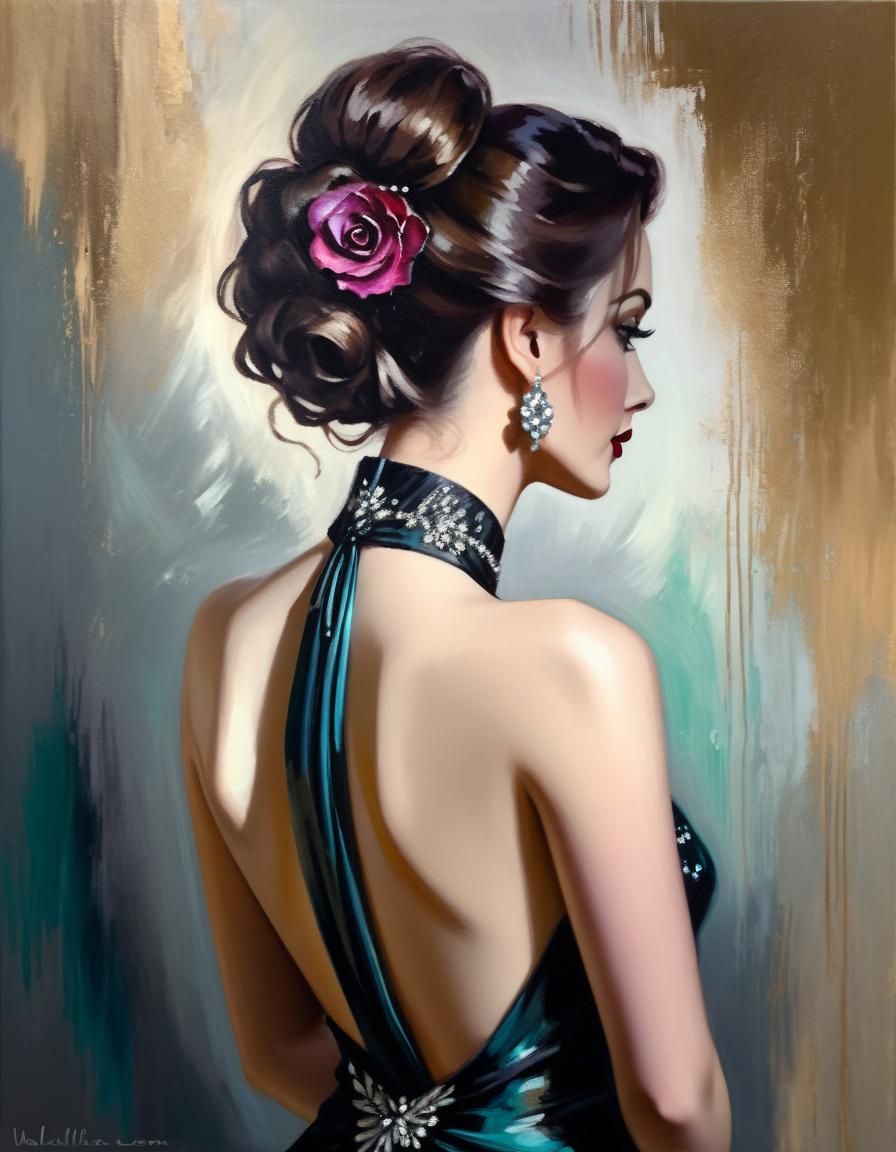 Elegant Woman in Backless Gown: Oil Painting