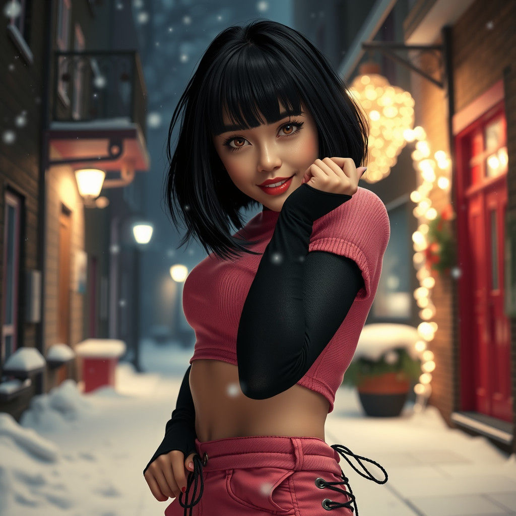 Cute Woman Dancing in First Snow at Night