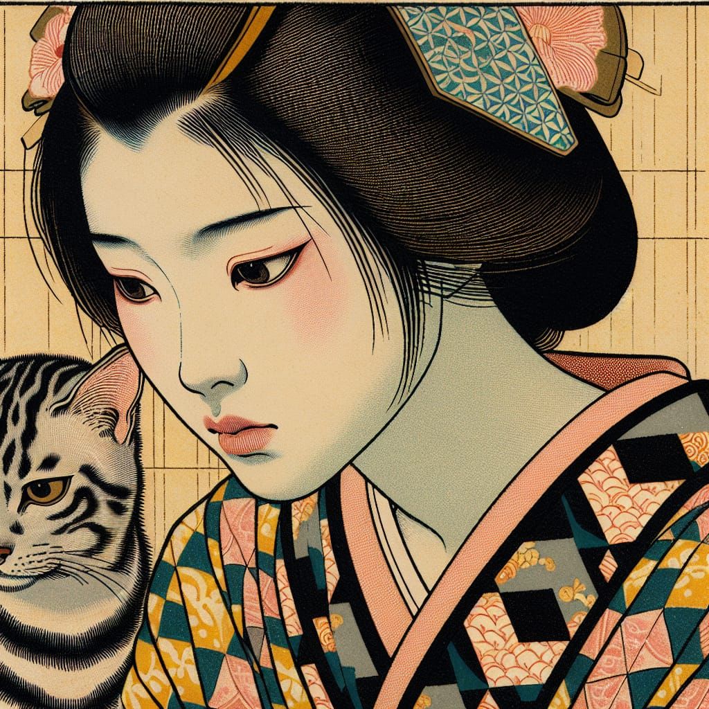 Melancholic Woman in Taisho-Roman Woodblock Style