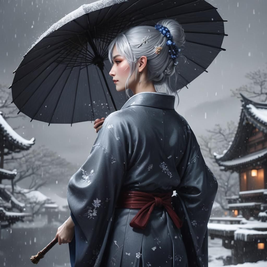 Snow Elf in Kimono Under Nightfall