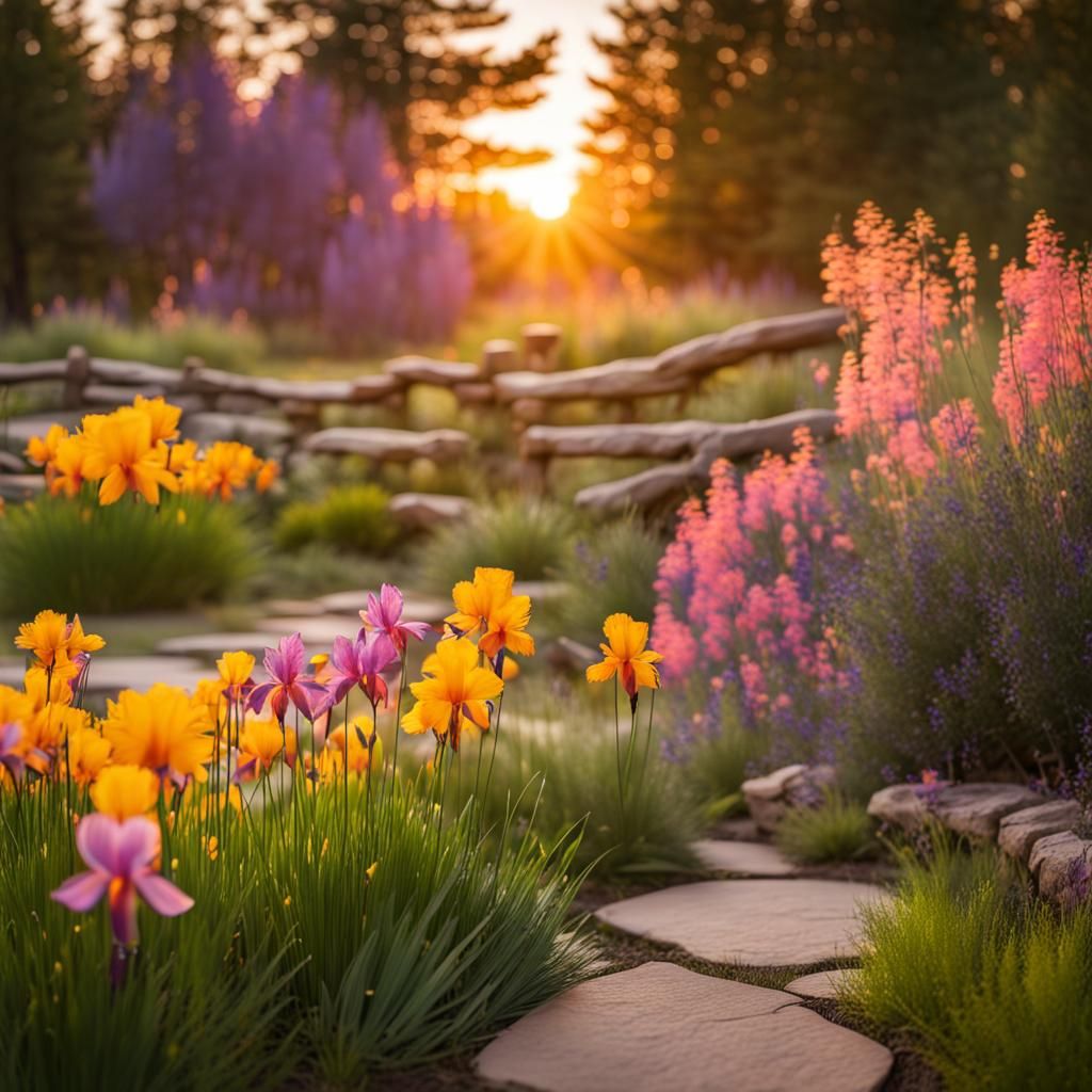 Sunrise Over Ranch Fence and Iris Garden