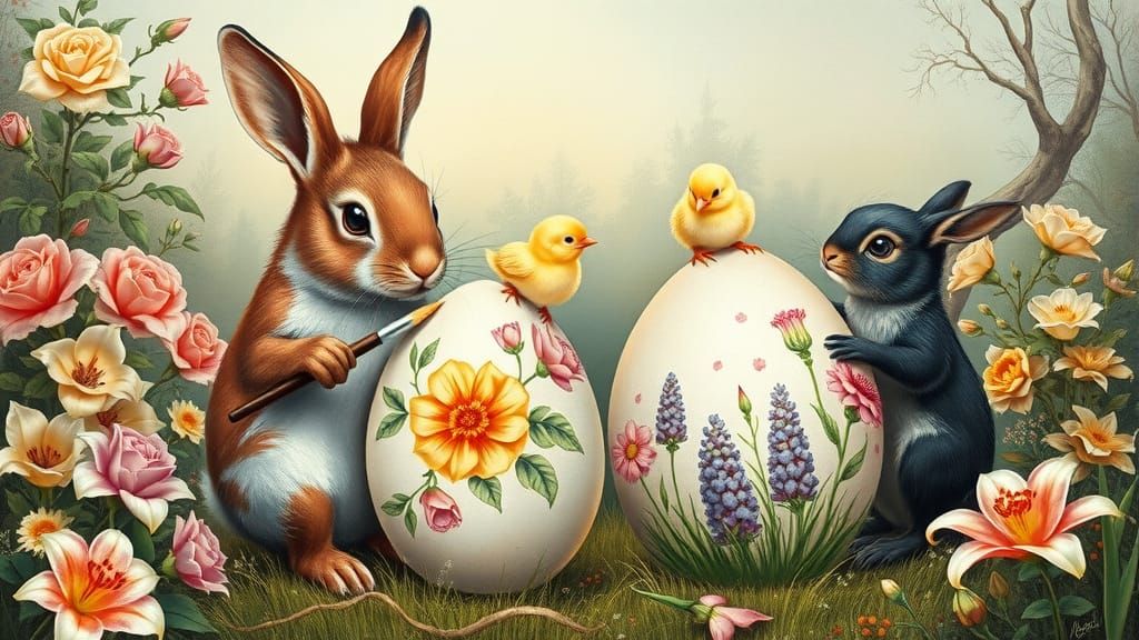 Rabbits and Chicks Painting Easter Eggs