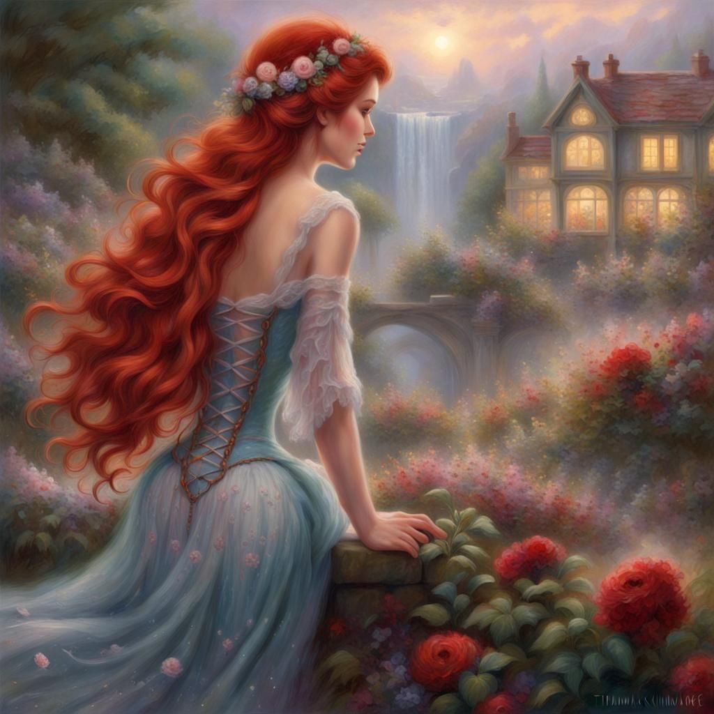 Ethereal Red Hair with Flowers in Fantasy Style