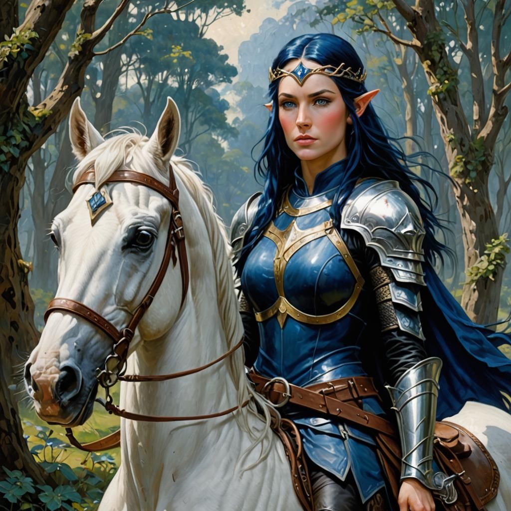 Elven Ranger on White Horse, Oil Painting