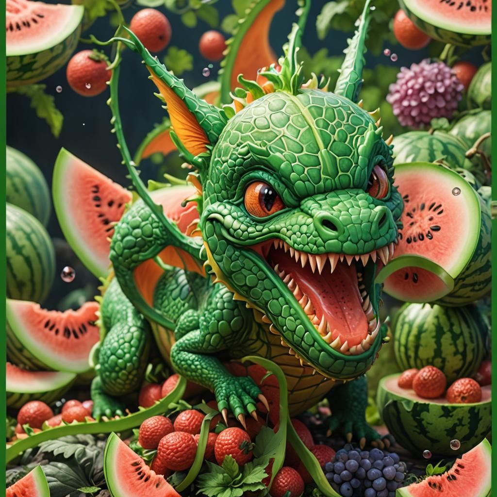 Cheerful Melon Dragon in Detailed Matte Painting