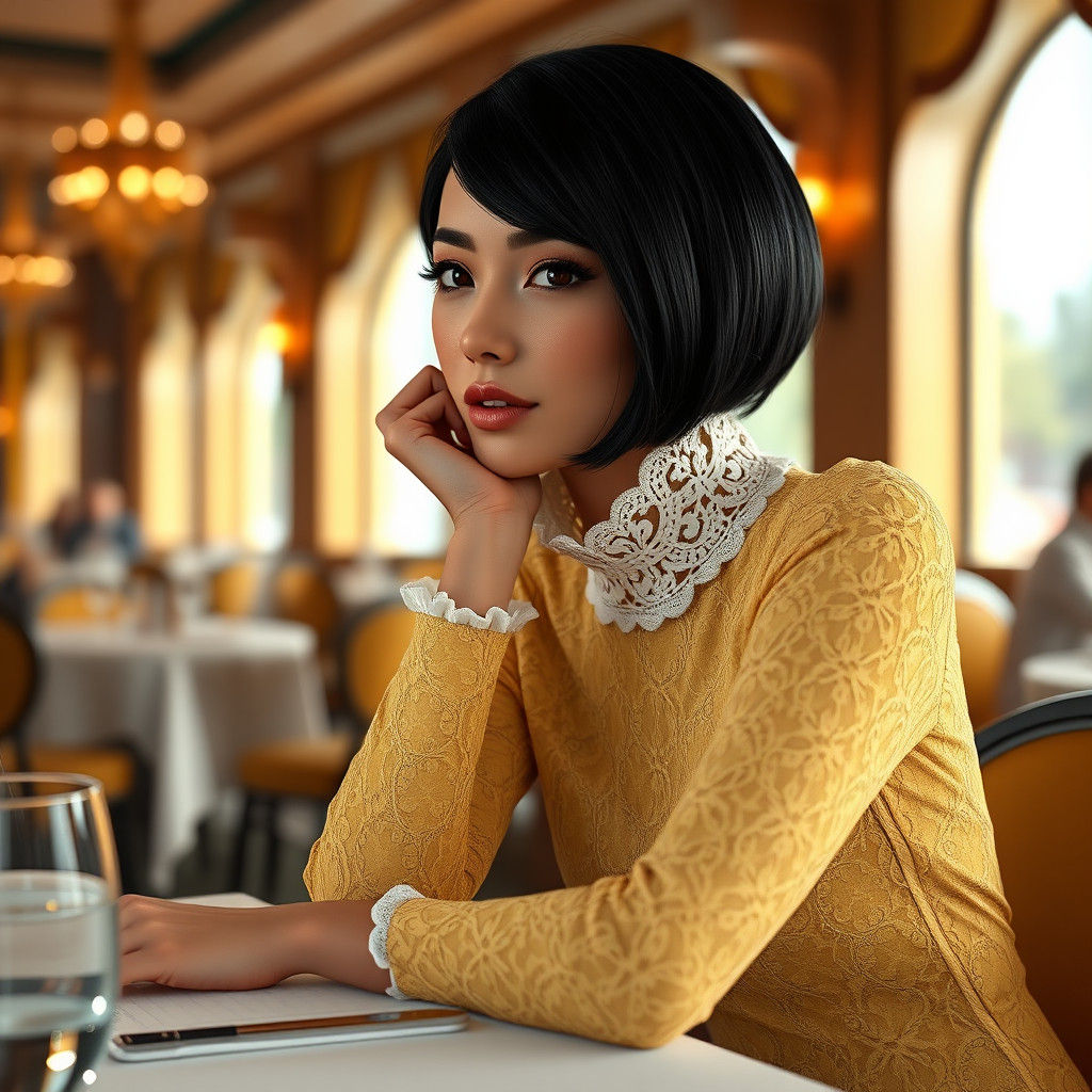 Elegant Woman in Yellow Lace Dress, Hyperrealistic Digital A...
