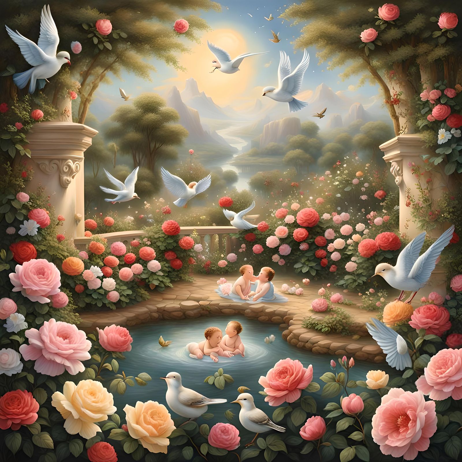 Angelic Cherubs Play in Blooming Rose Garden