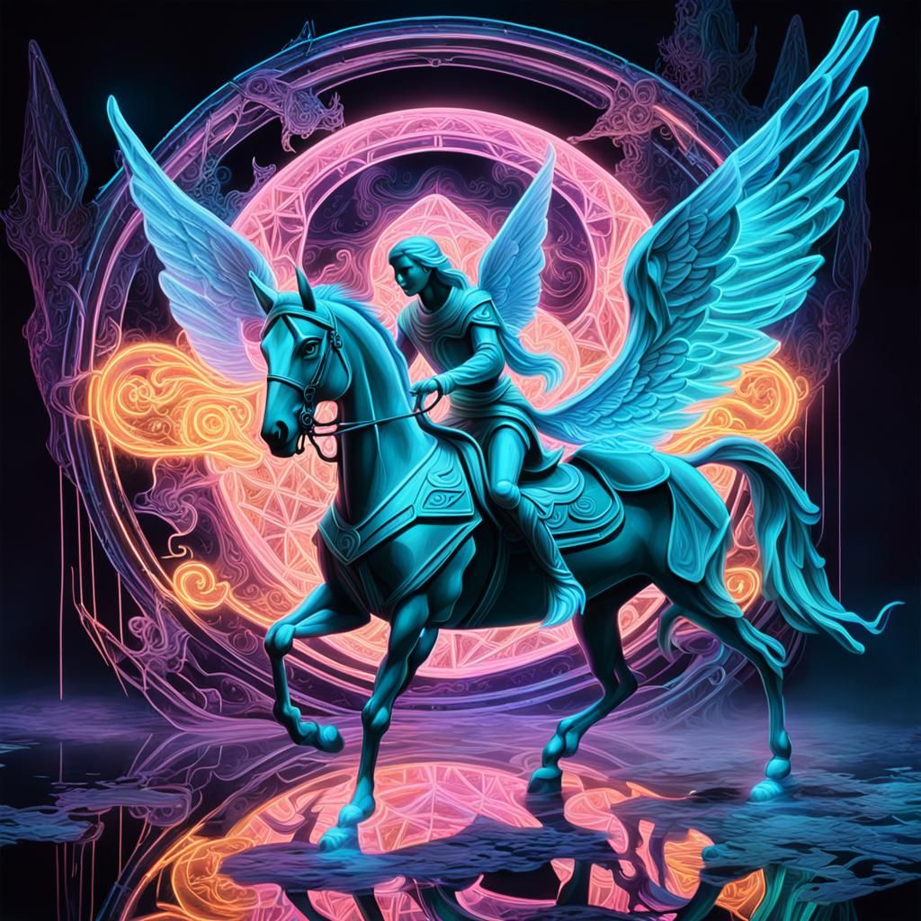 Neon Cubist Angel, Elf, and Fairy on Pegasus