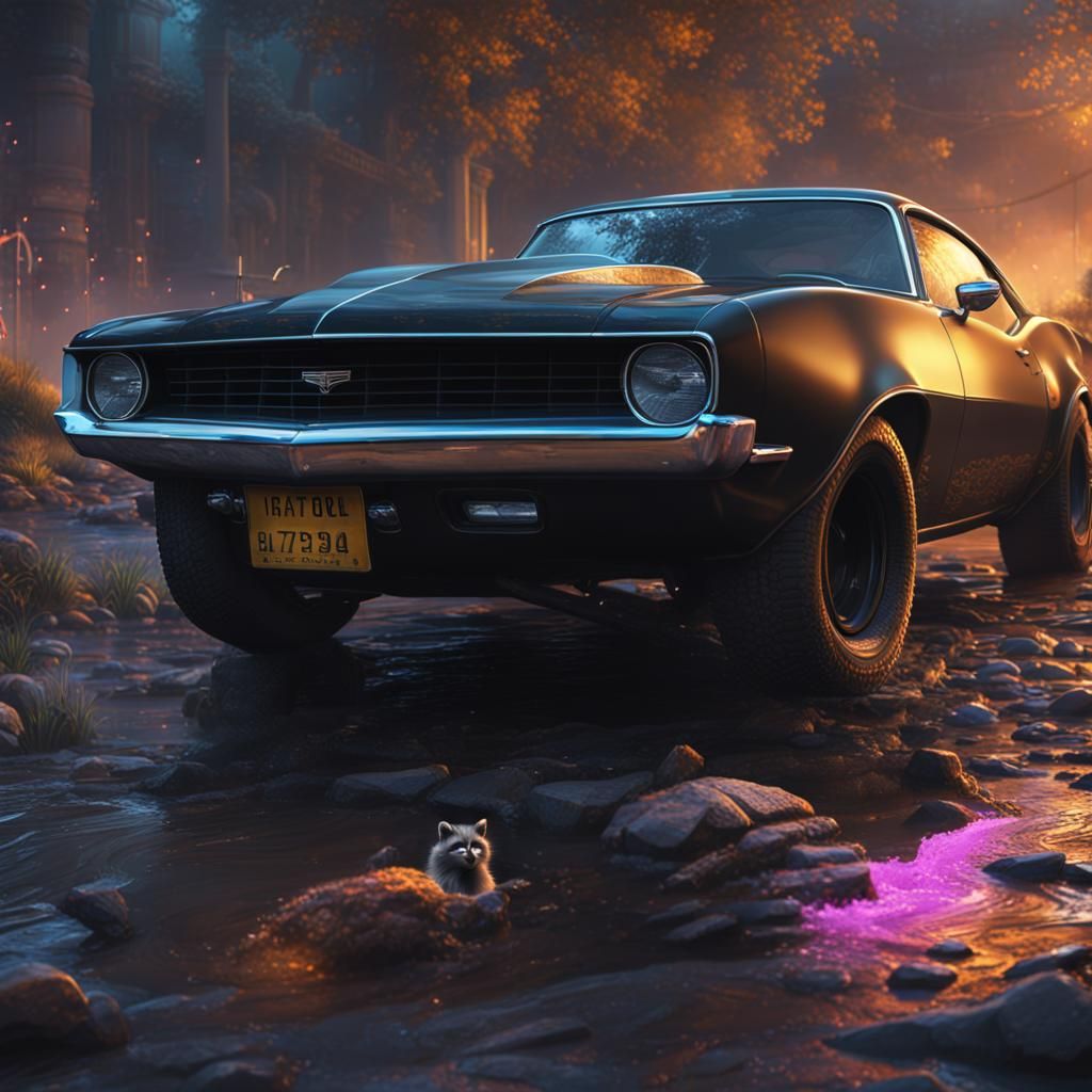 Raccoons in a Black Camaro: Detailed Matte Painting