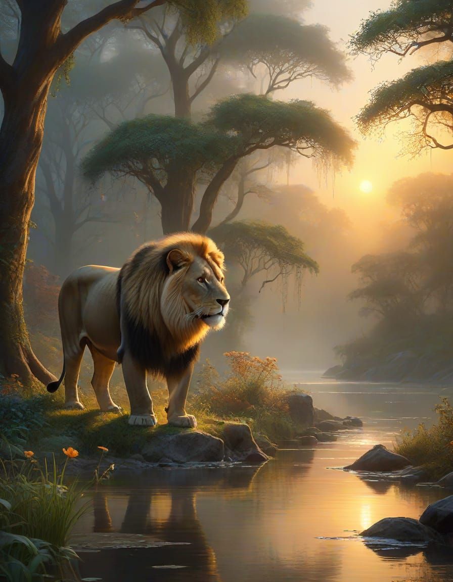 Whimsical Wildlife Gathering in Serene Sunset Landscape