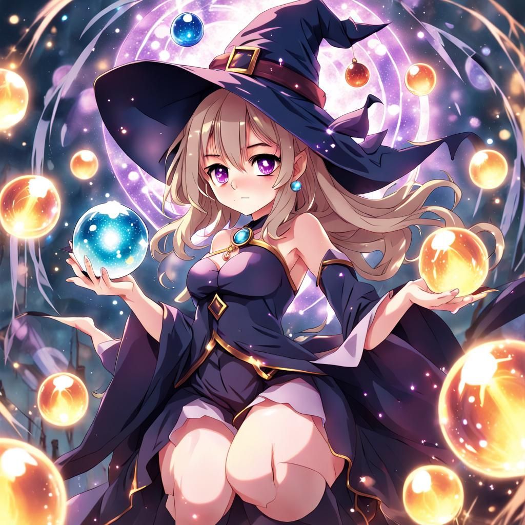 Glittering Witch with Spell Orbs in Anime Style