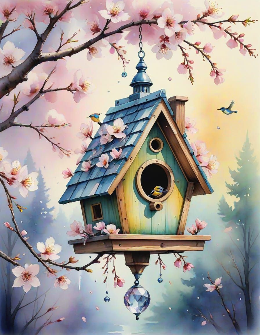 Crystal Spaceship Birdhouse in Watercolor Landscape