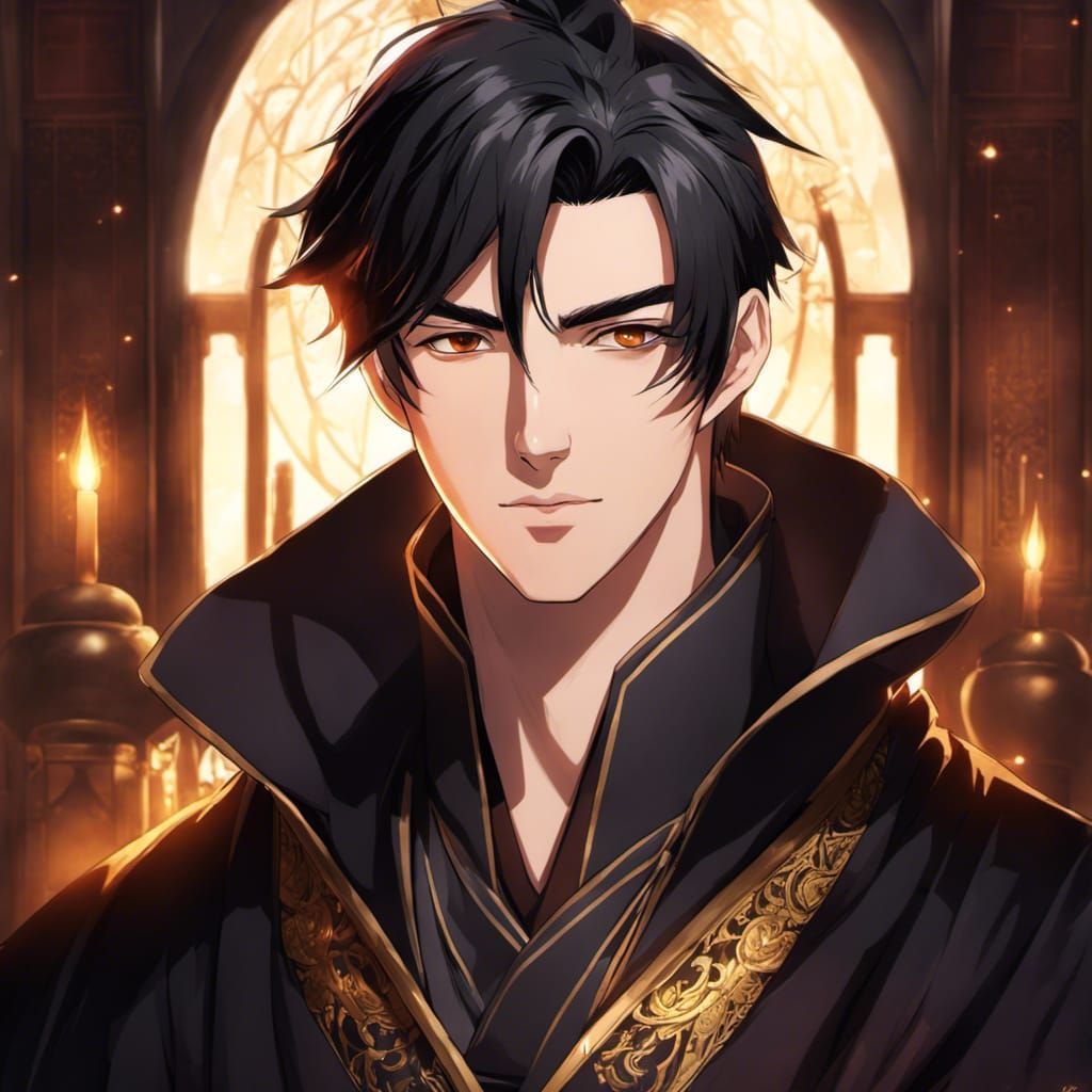 Anime Portrait of Handsome Warlock in Enchanting Room
