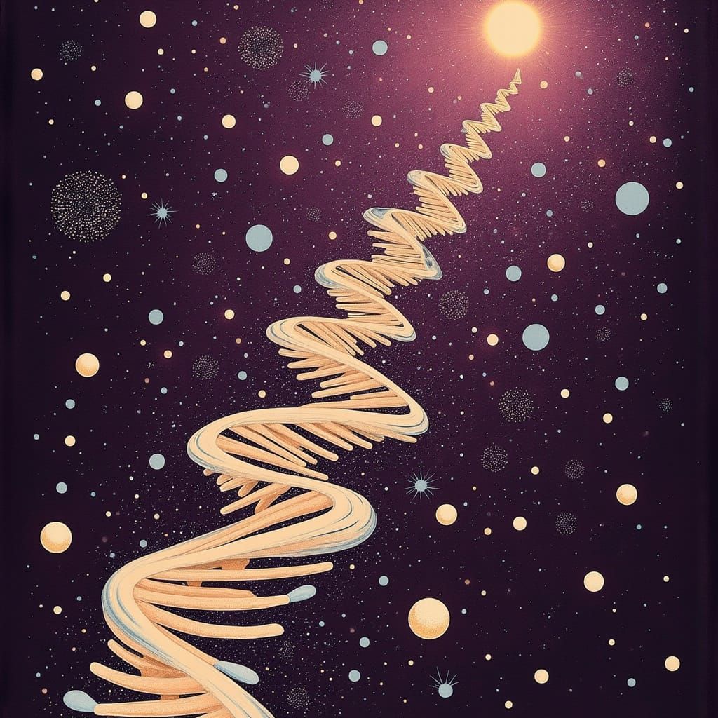 Golden DNA Molecule Spiral Staircase in Dreamlike Surrealist...
